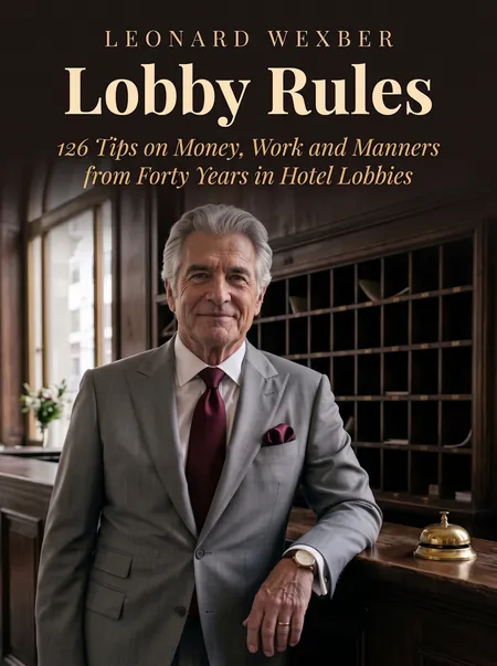 The cover: Leonard Wexber in a light-grey suit, leaning on an old hotel front desk with a brass bell