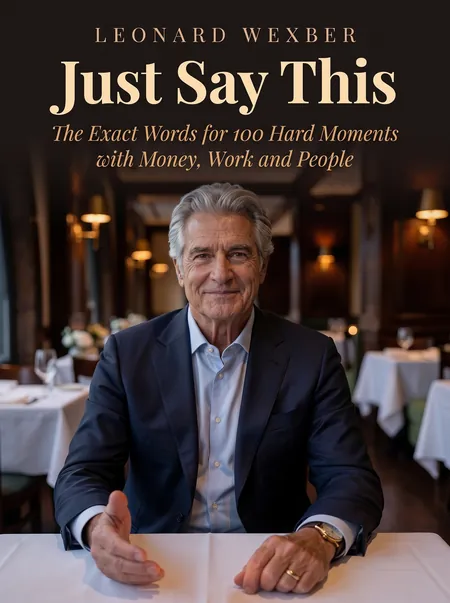 The cover: Leonard Wexber in a navy suit and an open light-blue shirt at a restaurant table